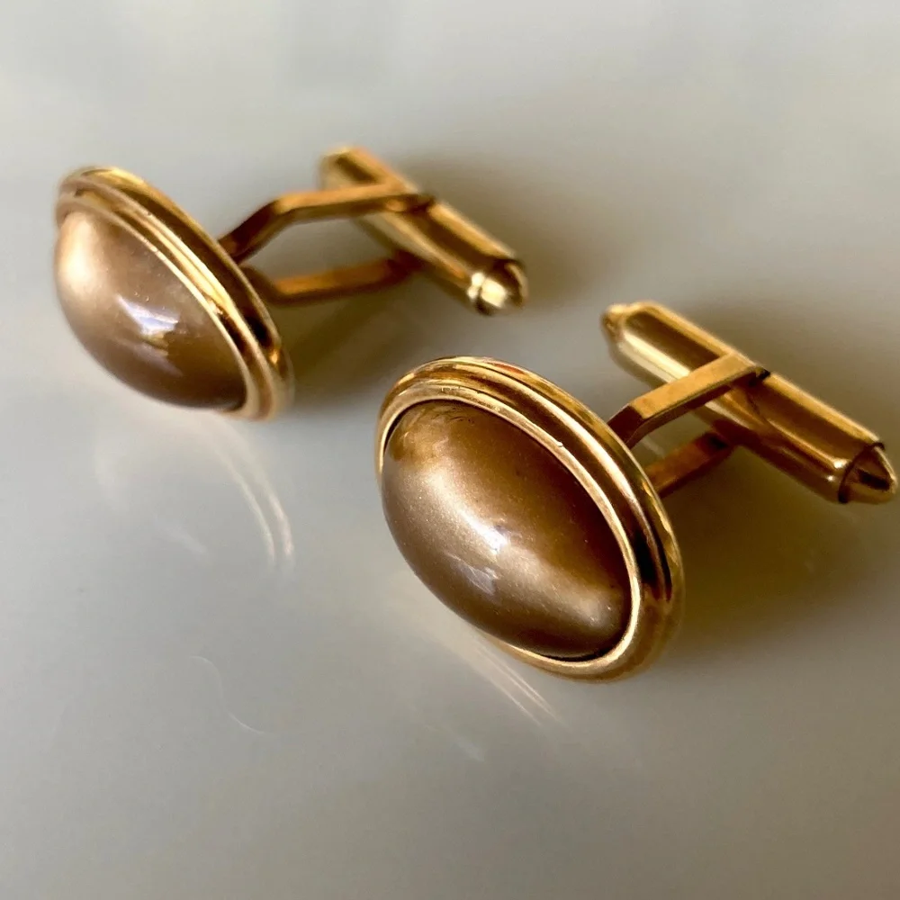 Vintage Krementz Tiger’s Eye Cufflinks– Pre-Patent 1930s • Gold Tone • Oval Dome